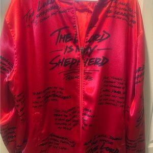 316 Collection Red Satin Jacket with Psalms 23 Scripture Detail. Size 3x unisex